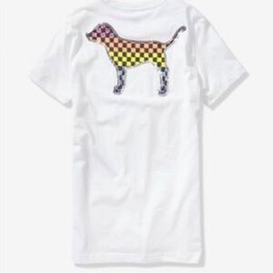PINK VS CHECKERED RAINBOW BLING DOG CAMPUS TSHIRT XL